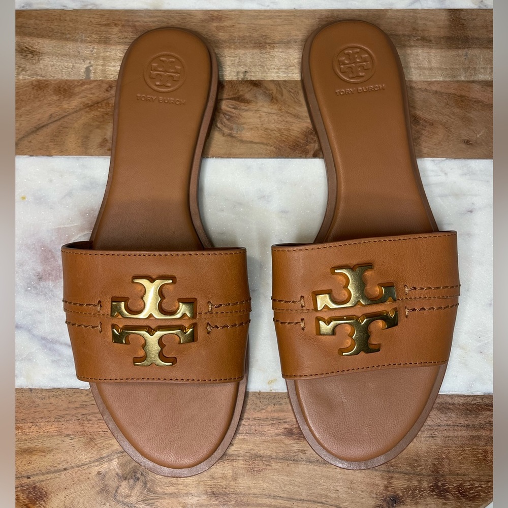 TORY BURCH TAN & GOLD EVERLY SLIDE CALF LEATHER SIZE: 7.5